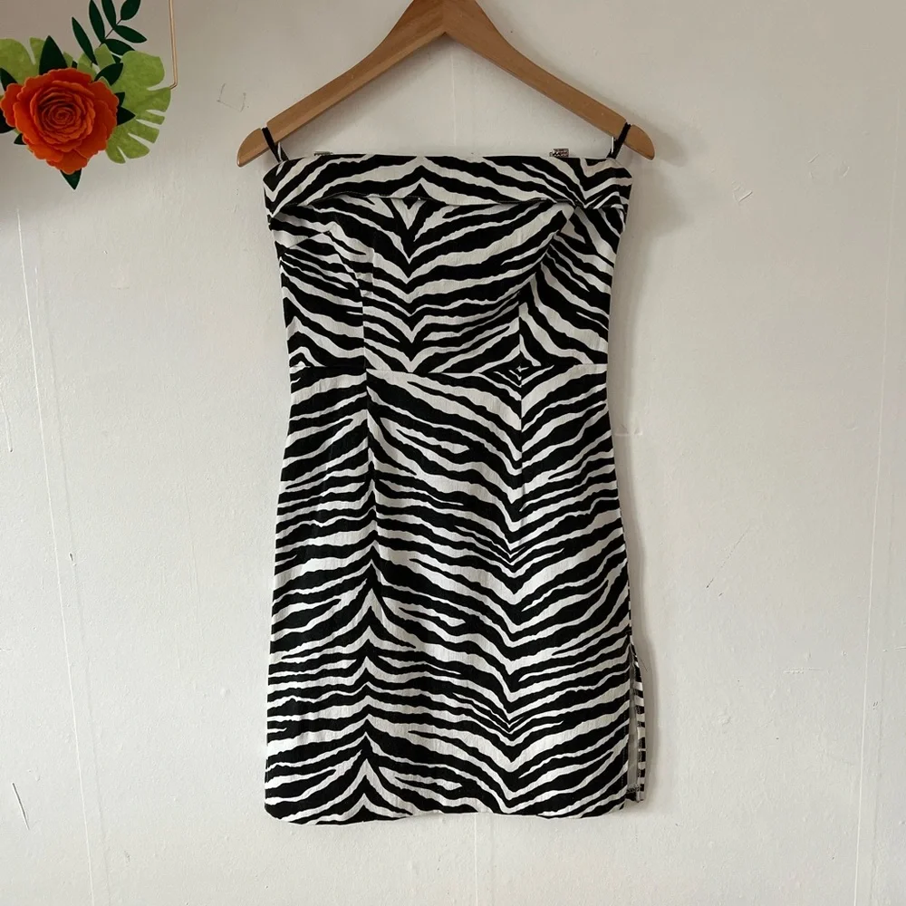 EUC VTG 90s L zebra stripe strapless dresss cotton/lycra side slits - Picture 16 of 16